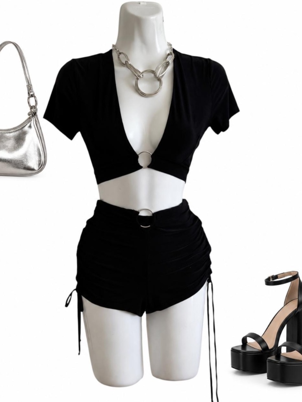 Fashion Nova Black O Ring Two Piece Shorts Set Small NWT